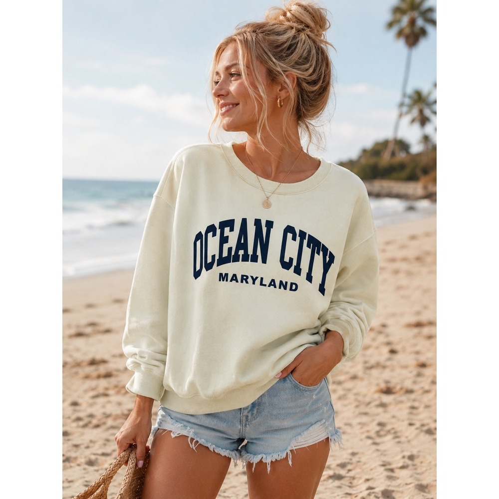 Ocean Drive Sweatshirt L Pale Yellow Ocean City Maryland Coastal Y2K Pastel
